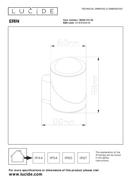 Lucide ERIN - Spot mural / Applique mural Intérieur/Extérieur - LED - 1x5W 2700K - IP65 - Noir - technique